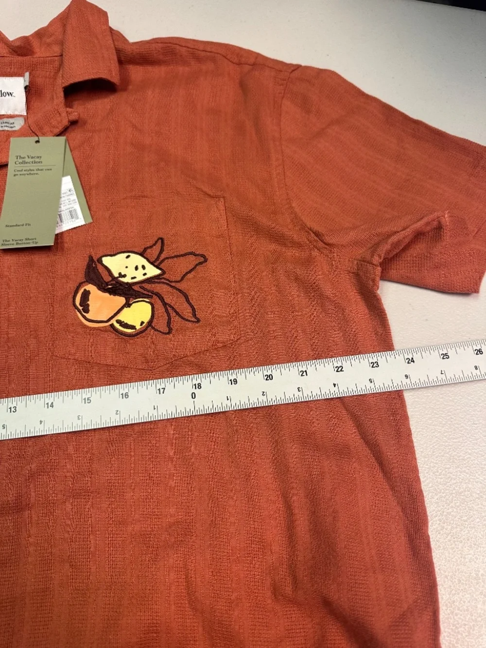 Goodfellow Men's Short-Sleeve Cuban Shirt in Rust with Embroidered Pocket. Sz L.